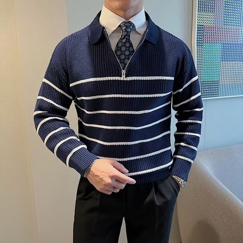 Men's Fashion Knit Sweater – Half-Zip Striped Pullover With Relaxed Fit (M-3XL, Black/Navy)​