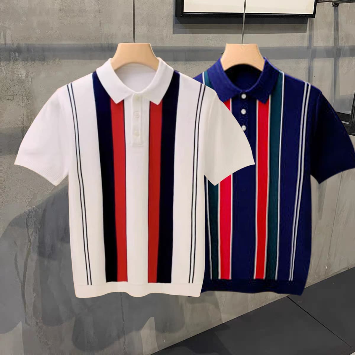 Men's Clothing Casual personality color matching vertical striped polo shirt men summer short sleeve fashion retro slim collar T shirt men tops