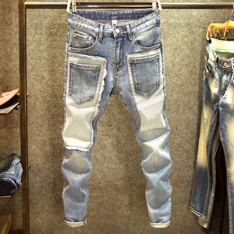 Men's Patched Handsome Jeans For Men With Multiple Pockets, Trendy Slim Fit And Spliced elastic Long Trousers