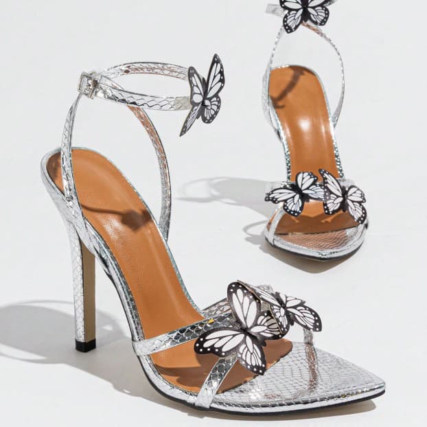 Women's Pointy Butterfly Decorated With Crossed One-line Ankle Strap Stiletto Sandals With Silver Heels