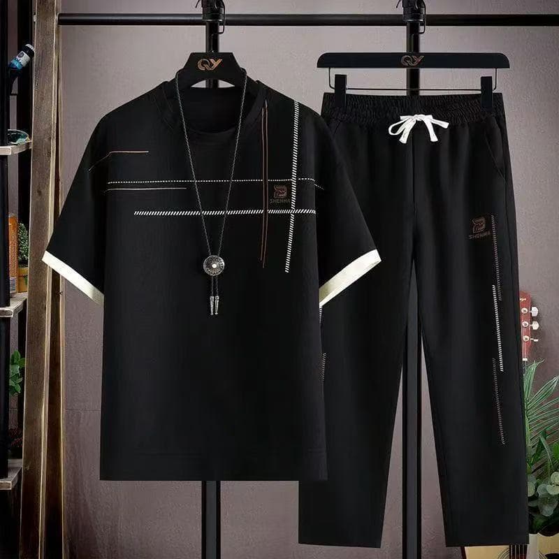 Men's Travel Ready Short Sleeve And Pants Set Breathable Summer Lounge Outfit Quick Dry Anti-Wrinkle