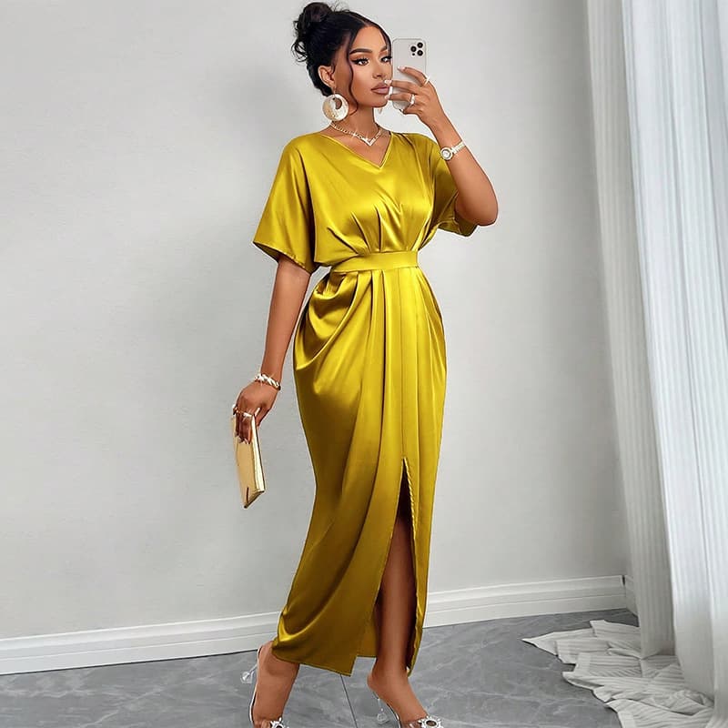 Women’s Clothing Spring New Style Elegant V Neck Short Sleeve High Waist One Step Slit Dress Long Skirt