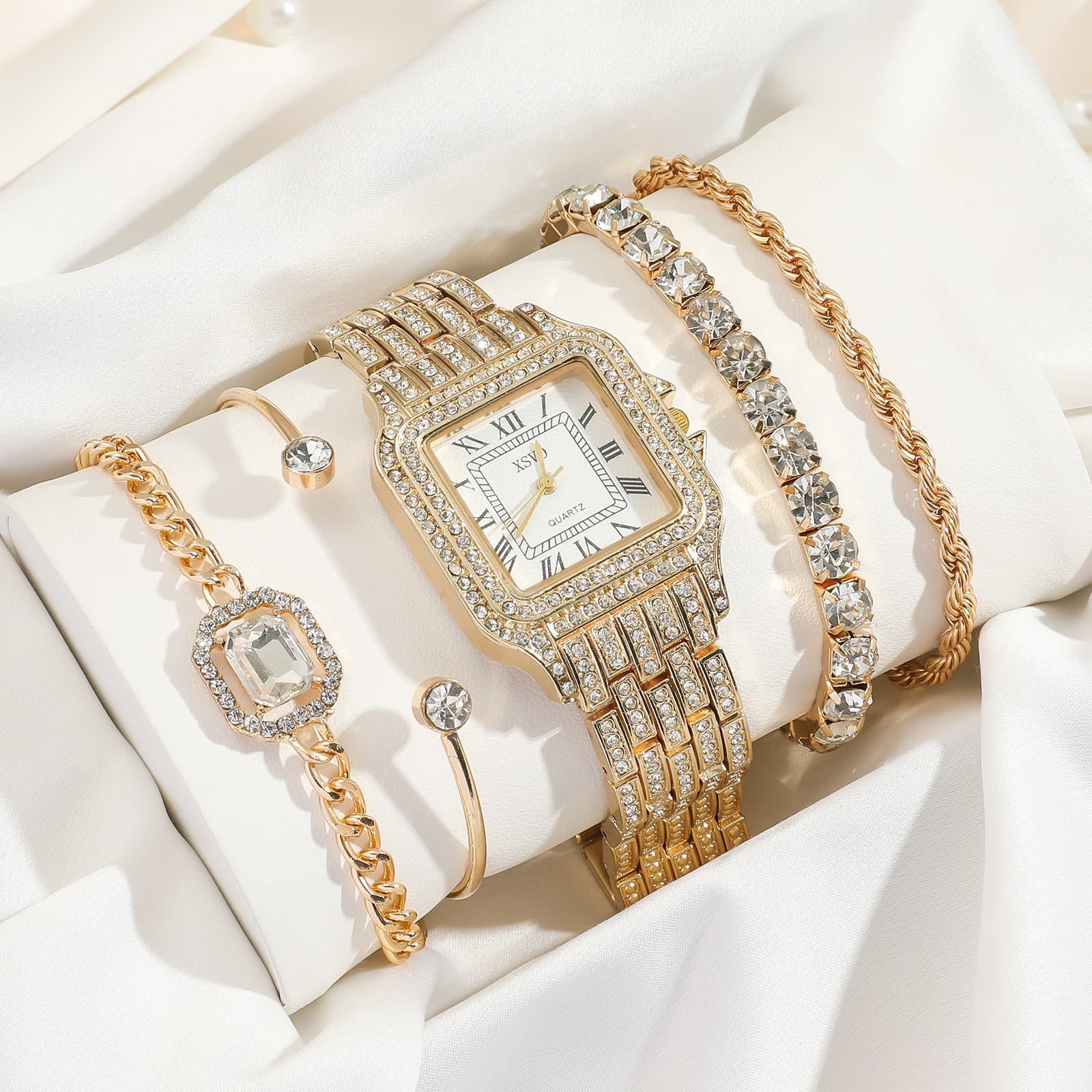 Watch Gift Set 5pcs/set Women's Commuter Style Daily High End Diamond Digital Face Steel Band Quartz Watch Bracelet Set