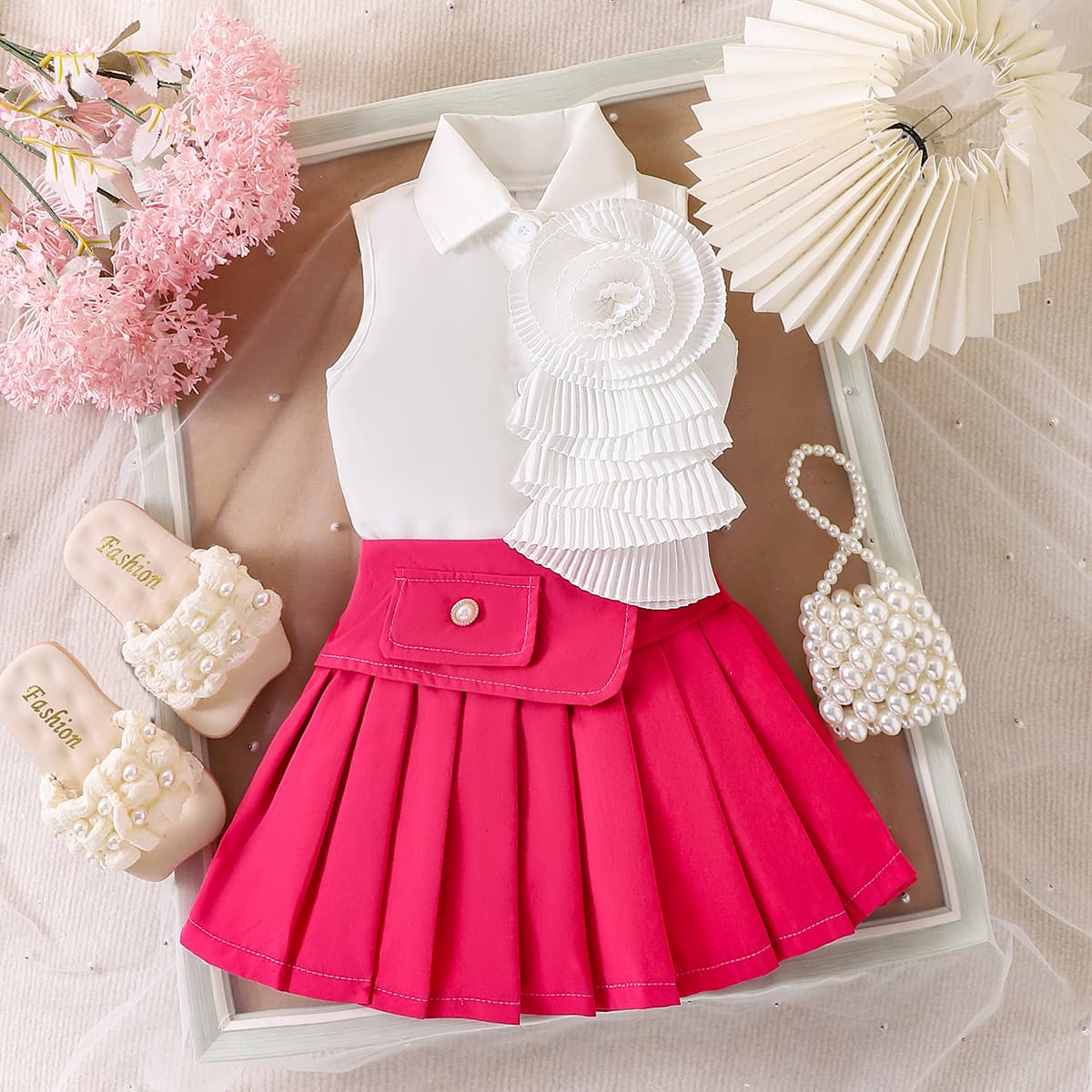 Kids’ Clothing Summer New Girls Suits Small And Medium Sized Children's Three Dimensional Flower Decoration Lapel Top Pleated Skirt Two Piece Suit