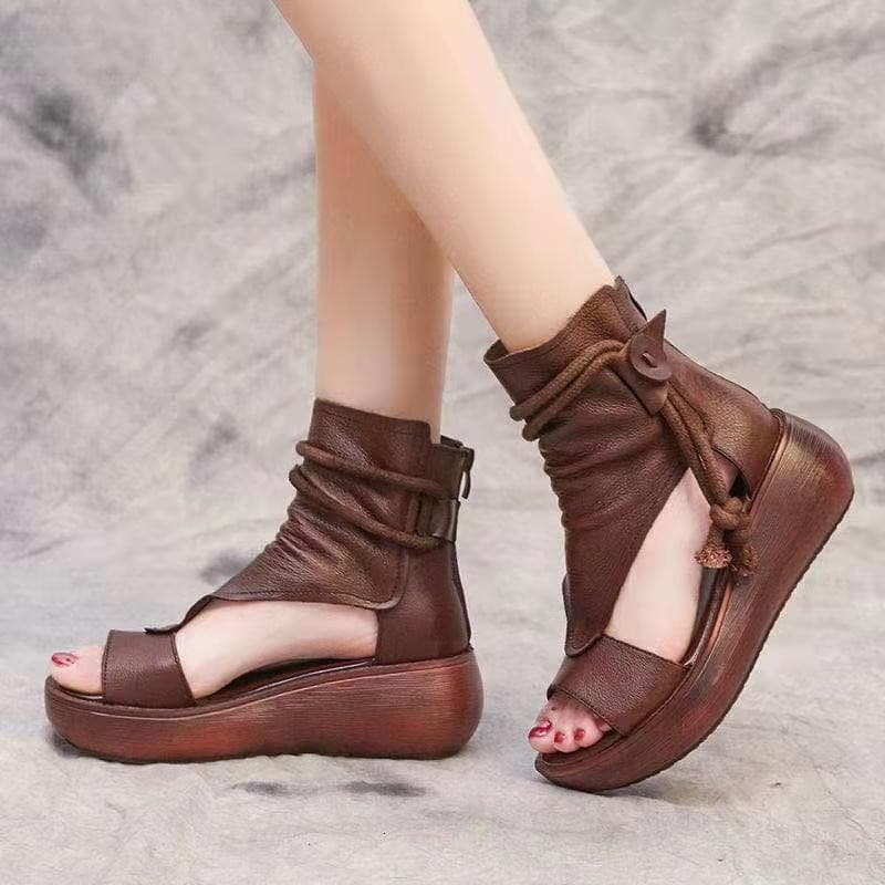 Roman shoes women's summer casual fashion 2024 new high-top heightened wedge heel sandals soft leather thick-soled fish mouth sandals