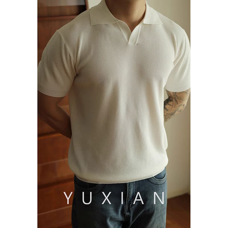 Men's Clothing Knitted Sweater Ice Silk Short Sleeved Men's Slim Business Polo Shirt V Neck Trendy T Shirt