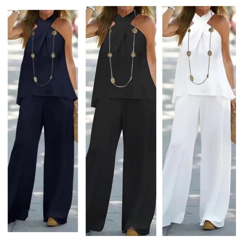 Women's new fashion casual backless solid color sleeveless suit wide-leg pants two-piece suit