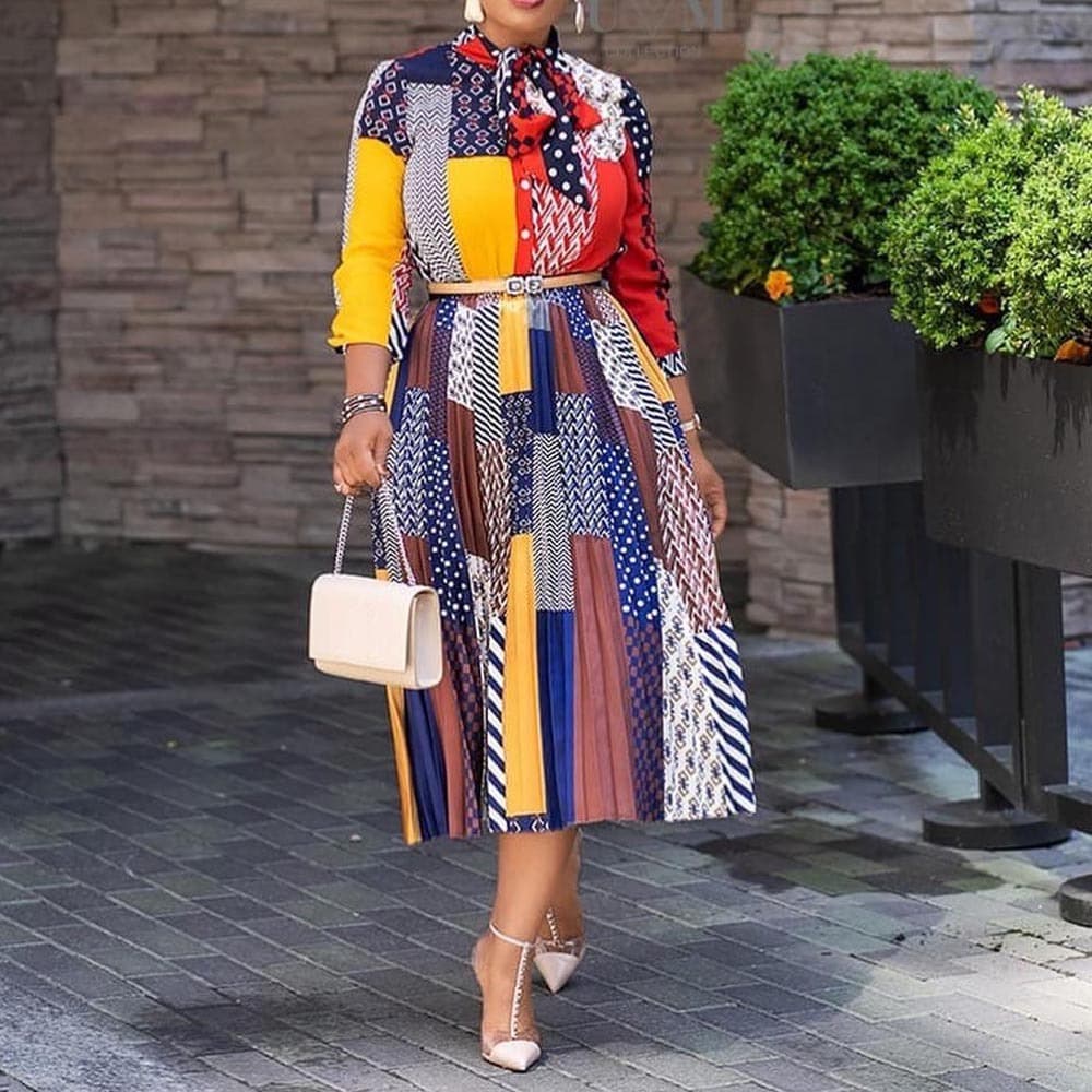 Women's Printed MIDI With Bow Collar And Seven-quarter Sleeves