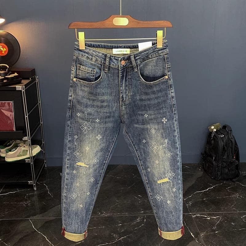 New Men's Slim Fit Skinny Jeans Spring Summer High Stretch Blue Printed Ripped Cropped Denim