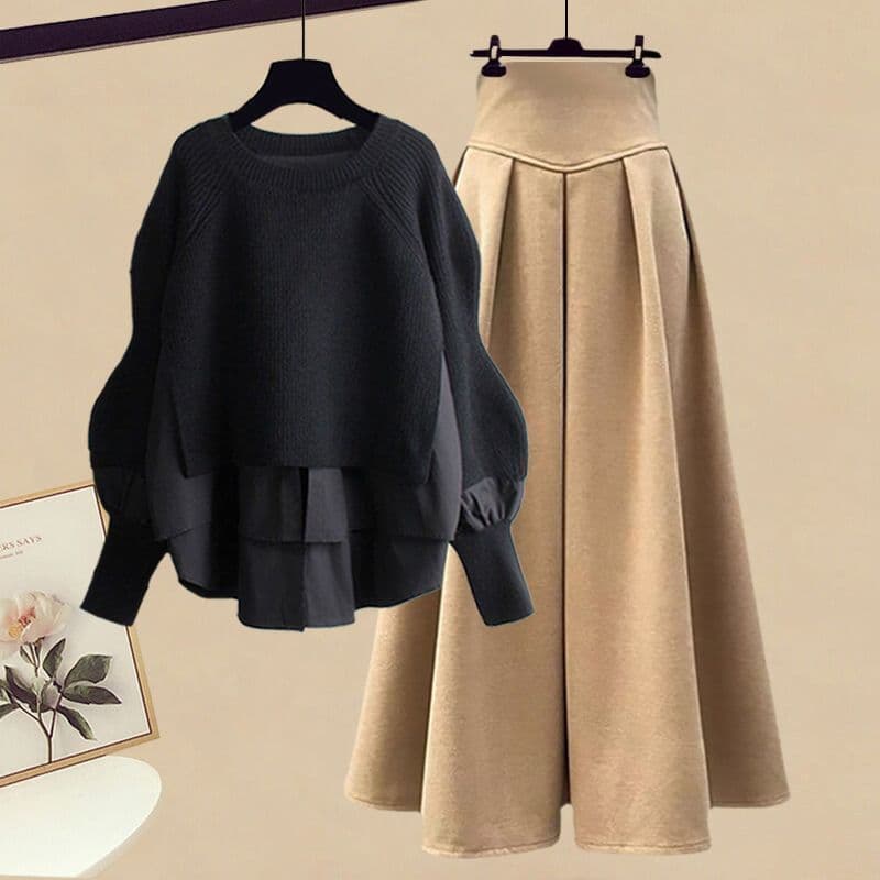 ​​Plus Size Women's Autumn/Winter Outfit – Fashionable Long-Sleeve Top & Slimming Midi Skirt Set (Black/Gray/Tan/Khaki/Beige/White)​​