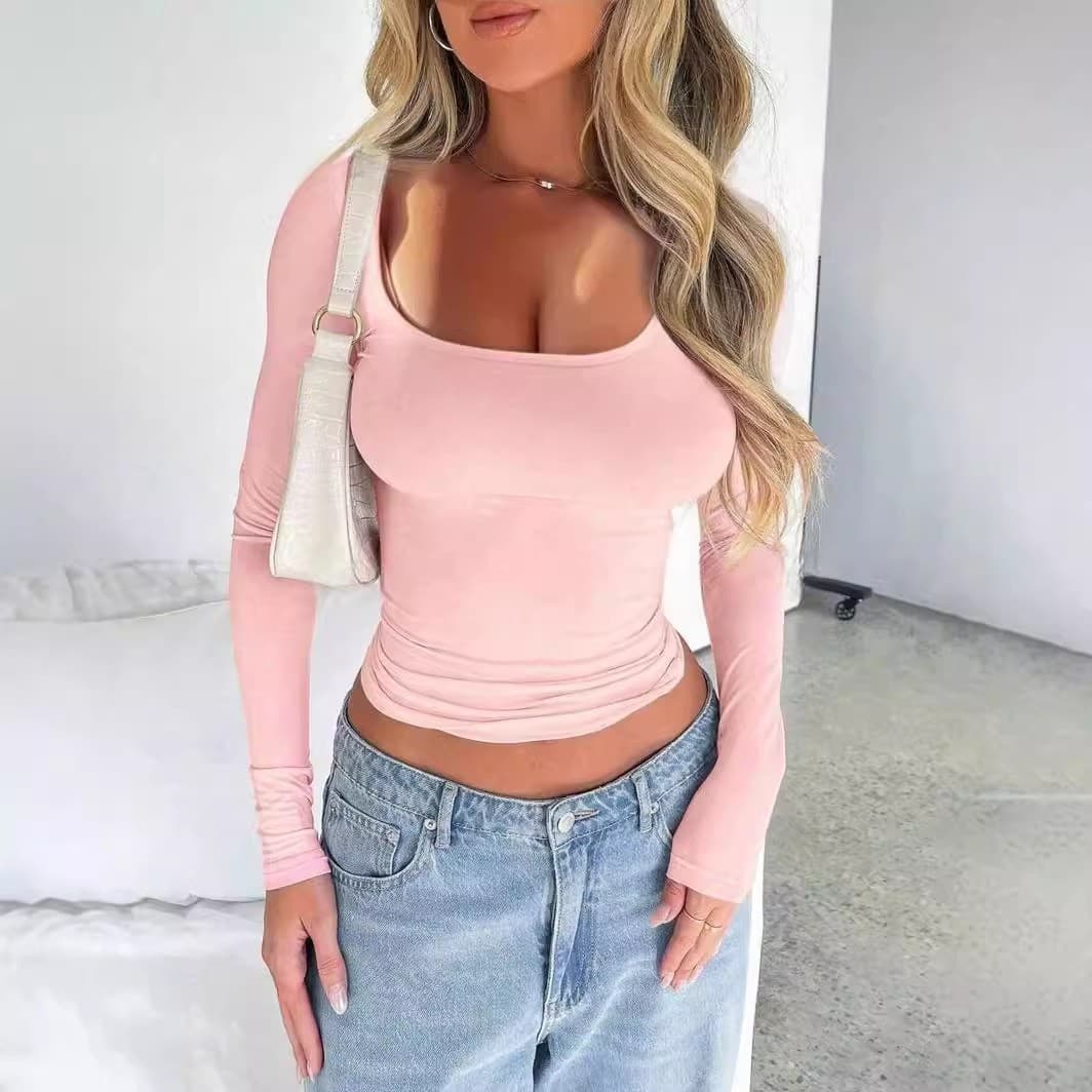 Women's Clothing Slim Fit Solid Color U Neck Long Sleeved Top