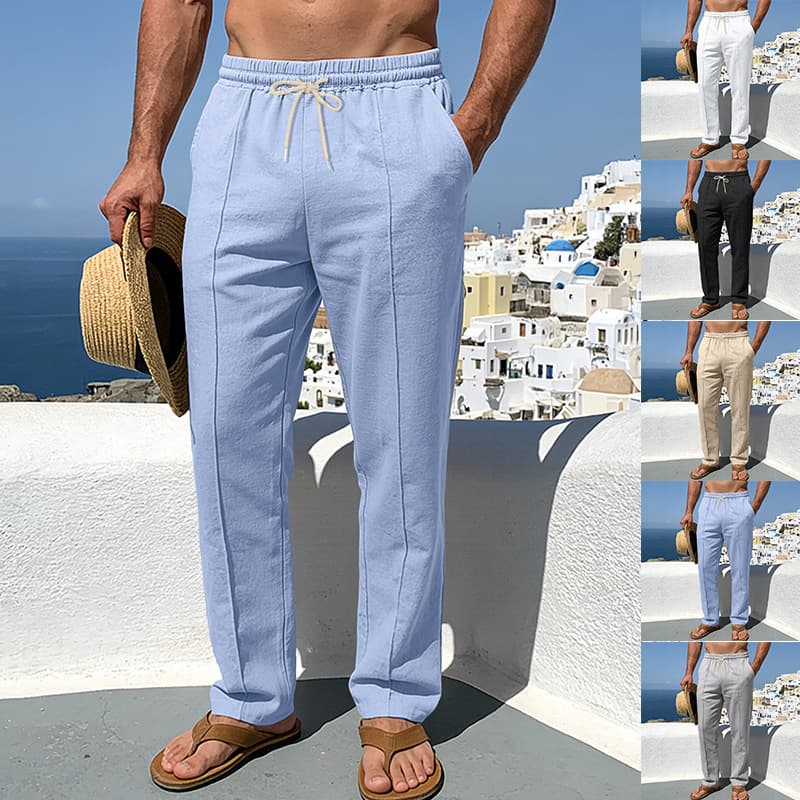 Men's Linen Casual Beach Sports Drawstring Trousers Vertical Striped Mid Waist Long Pants Standard Thickness Versatile Style