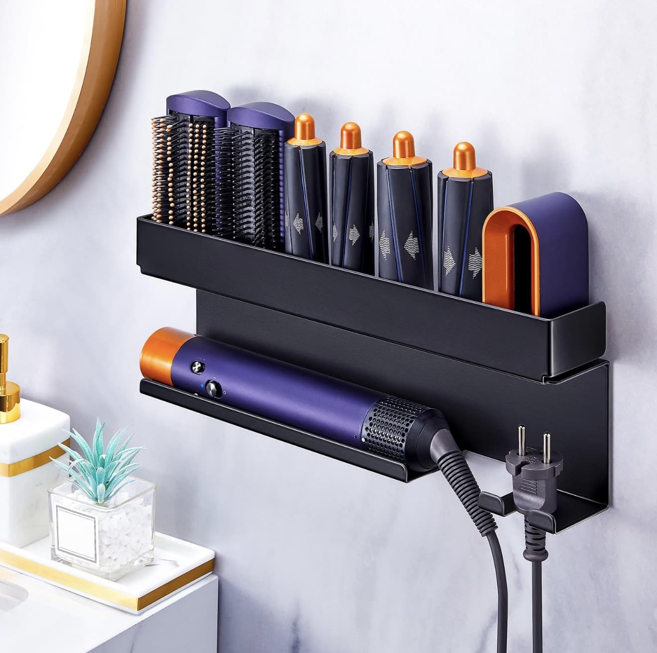 No-Drill Curling Iron Storage Multi-Functional Styling Tool Wall-Mounted Hair Dryer Holder Integrated Rack