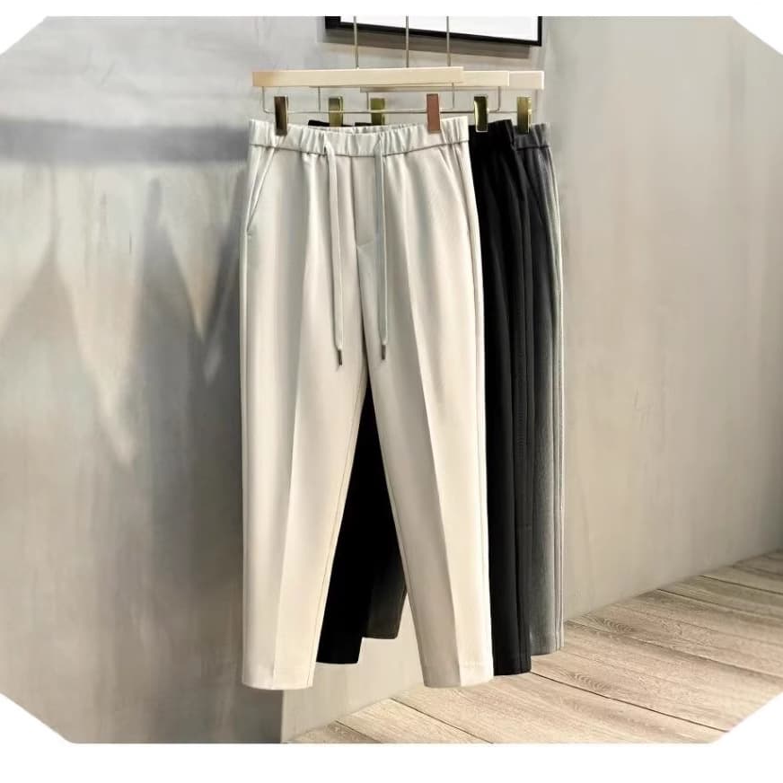 Men's Clothing Drape Casual Trousers Trendy Simple Solid Color Elastic Waist Straight Nine Point Drawstring Trousers