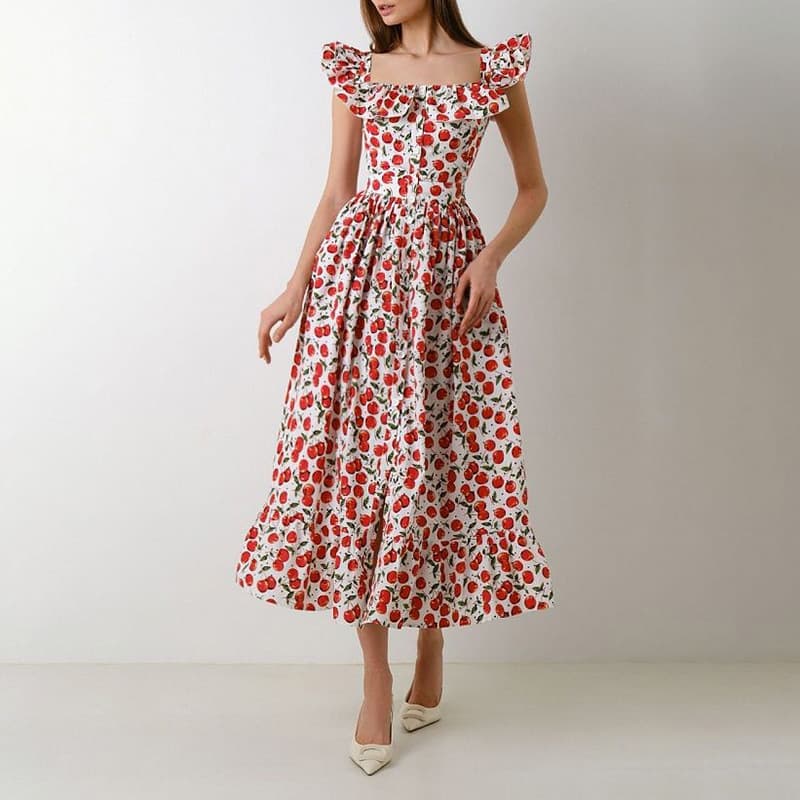 Women's Clothing Square Neck Floral Dress Waist Slimming Seaside Holiday Puff Sleeve Long Dress