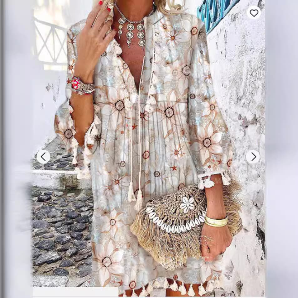 Women's Clothing New Printed V Neck Pink Pullover Temperament Commuter Tassel Dress