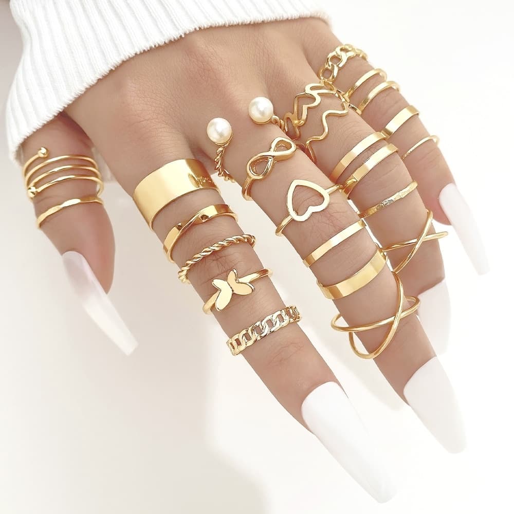 Cross-Border Hot-Selling Creative Open Multi-Joint Personality Retro Niche Hollow Heart Ring 22-Piece Set