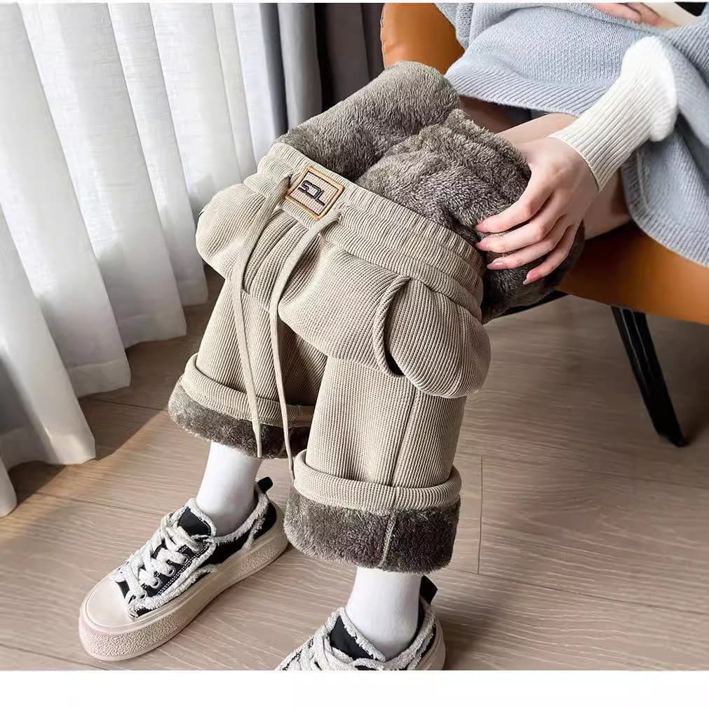 Women's Clothing Lambskin Pants Plus Velvet And Thickening New Casual Straight Pants Waist Slim All Match Wide Leg Pants