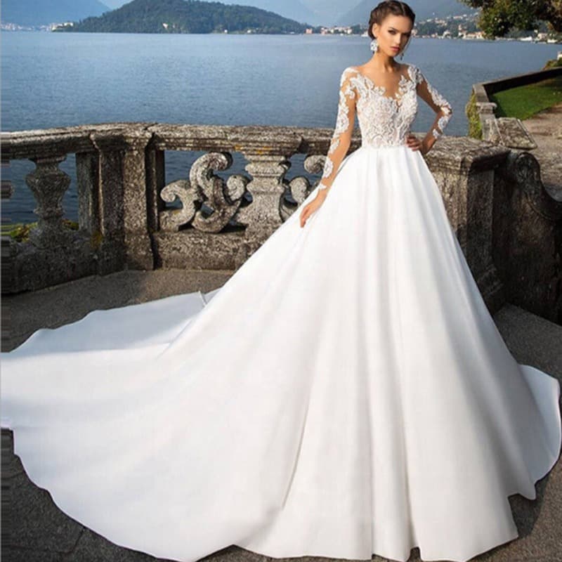 women's wedding dress wedding bride 2024 new long-sleeved one-shoulder style long tail satin lace wedding dress