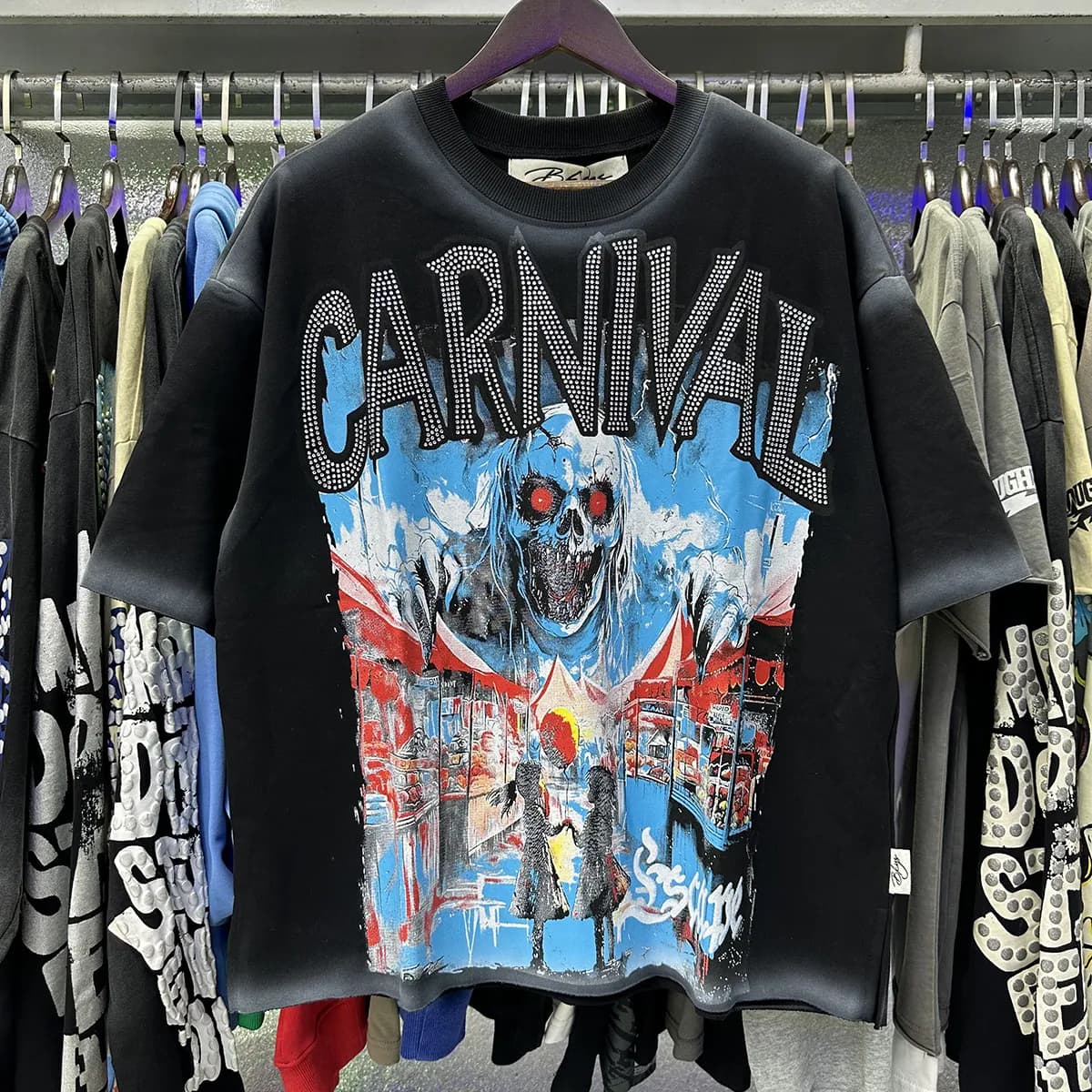 T-shirts pour hommes BKYS, imprimé losanges rétro graffiti squelette diable, coton noir délavé, manches courtes, coupe ample.