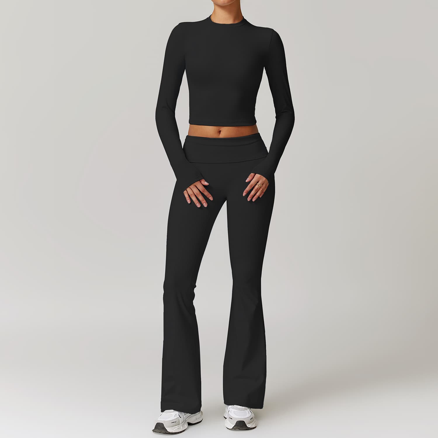 ​​Women's High-Waisted Flocked Yoga Set - Long Sleeve Workout Outfit With Breathable Fabric For Gym & Pilates​​