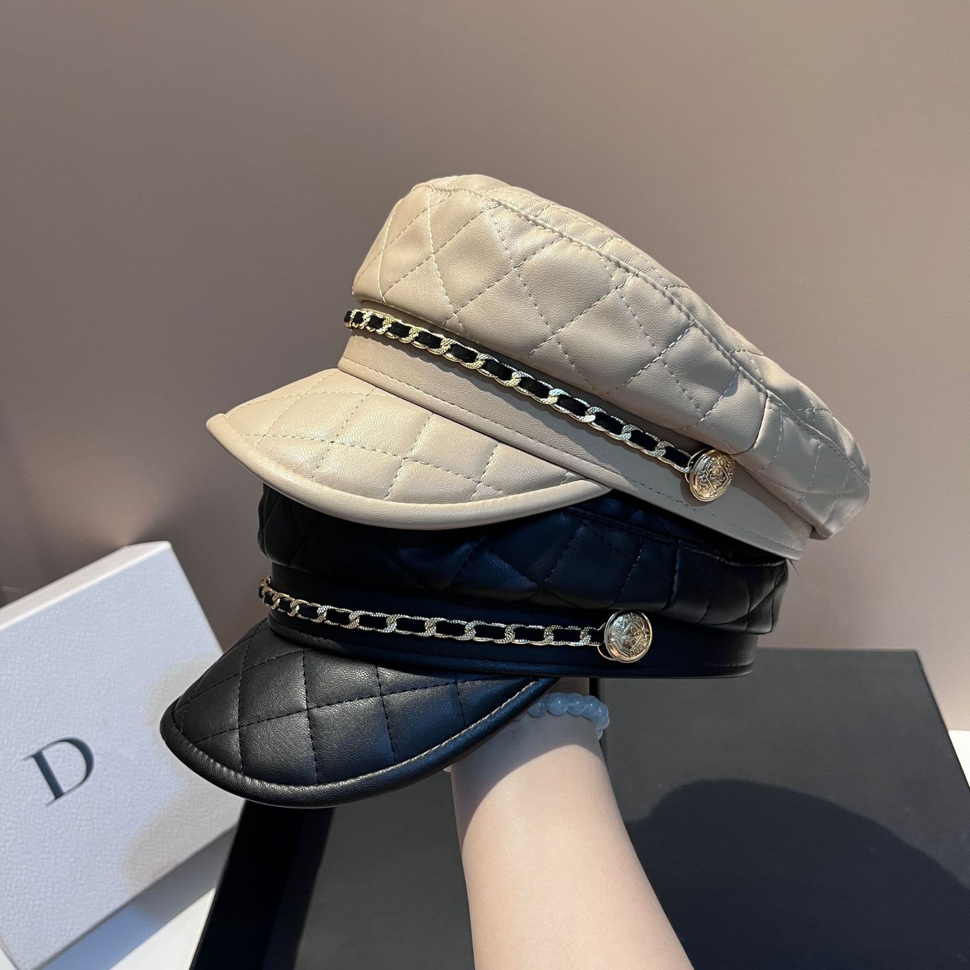 Women's Octagonal Hats plaid leather navy hat fashionable small fragrance chain age-reducing versatile flat-top peaked hat for women