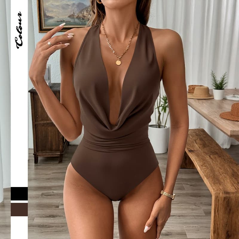 2025 Summer New Sexy Light Ripe Neck V-neck Solid Color Onesie