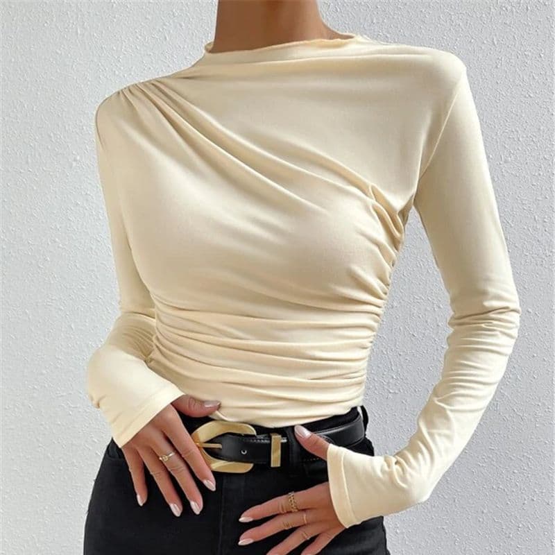 Solid Color Slim-fit Bottoming Shirt, Versatile Pleated Design Long-sleeved T-shirt Women's Top