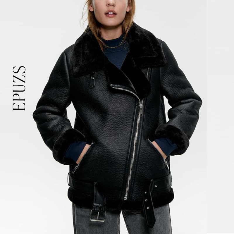 winter loose black PU Leather Jacket women fur collar Motorcycle coat Streetwaer warm Biker jacket outwear 2020