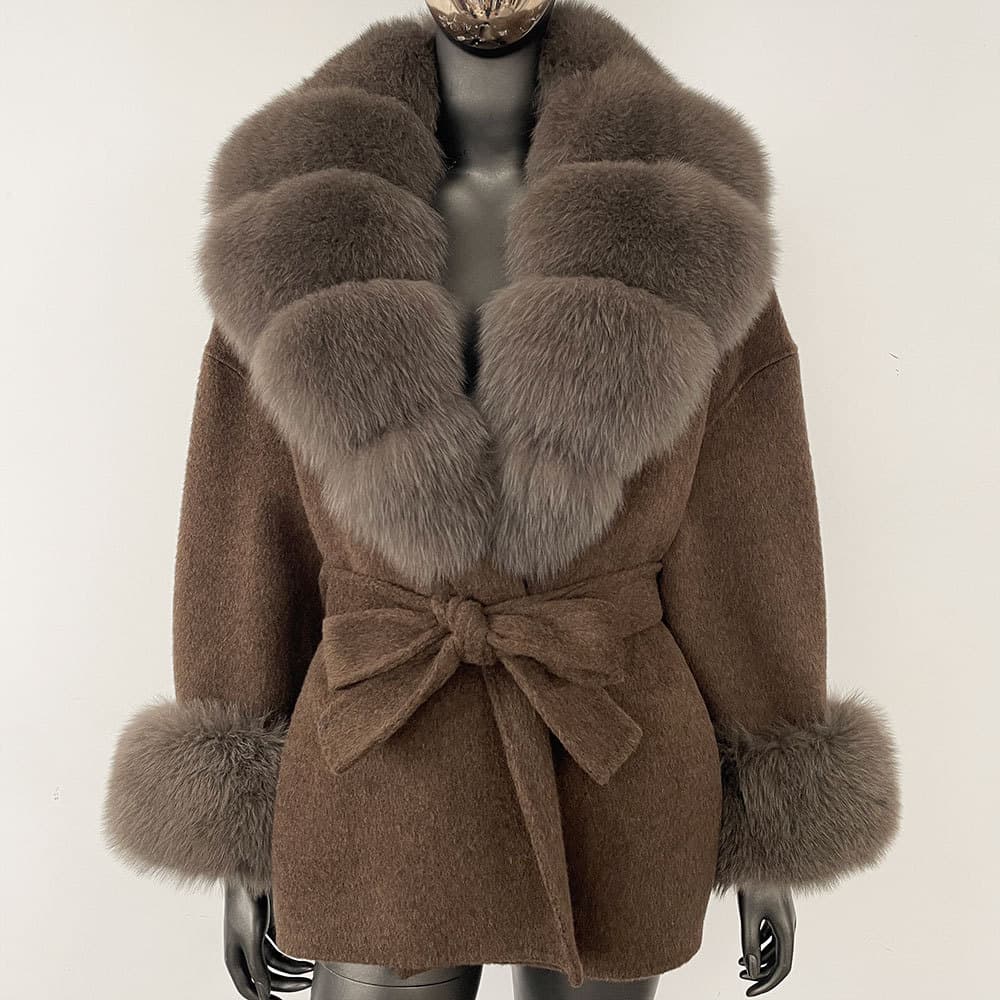 Luxury Double-Faced Wool Coat With Fox Fur Collar - Oversized Women's Winter Coat, Elegant Mid-Length Trench Coat For Casual & Office Wear