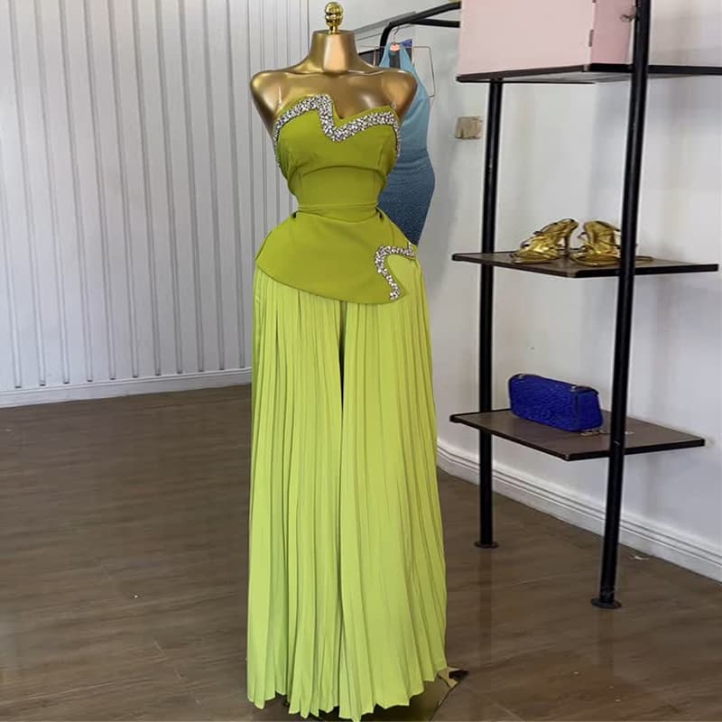 Women's Clothing Summer New Heavy Duty Tube Top With Diamonds Irregular Top Pleated Wide Leg Pants Suit