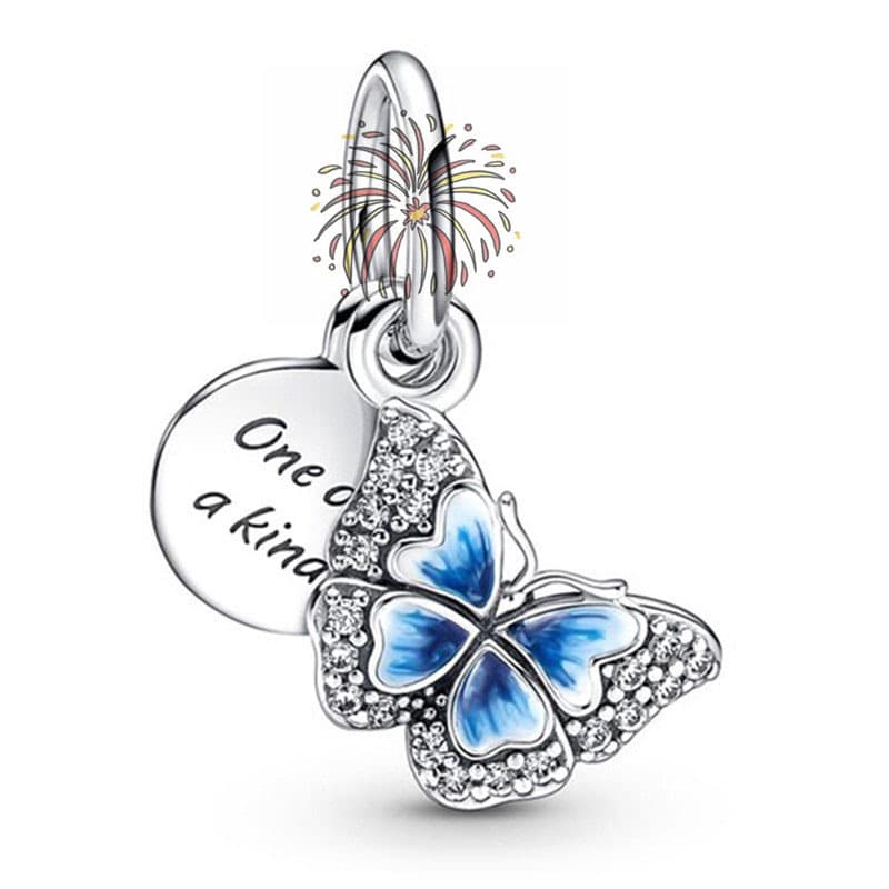 Pan's 925 Sterling Silver Blue Butterfly Pendant DIY Mother's Day Rose Gold Inlaid Diamond Heart Cherry Blossom Beaded