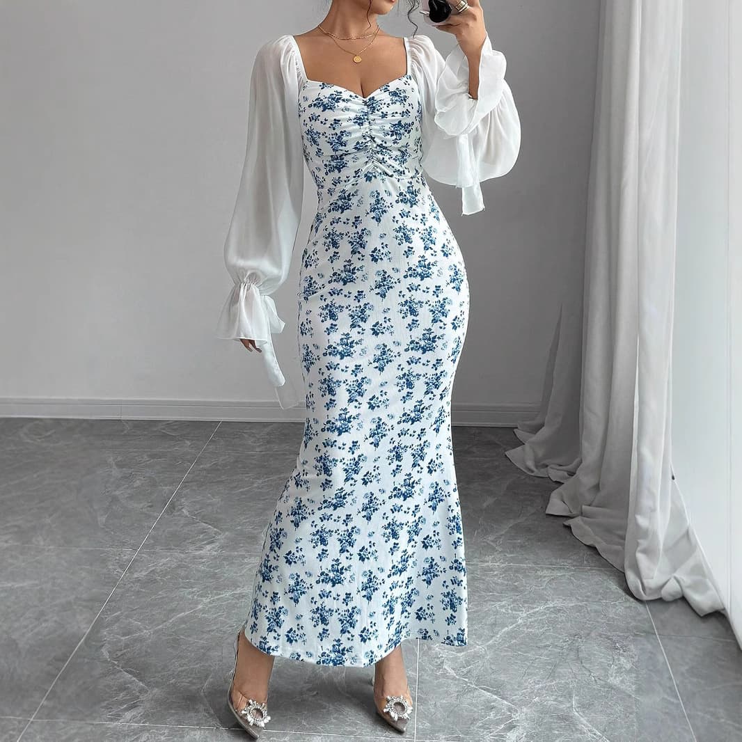 Women's V-Neck Chiffon & Knit Dress - Long Sleeve Wrap Hem Printed Maxi Dress