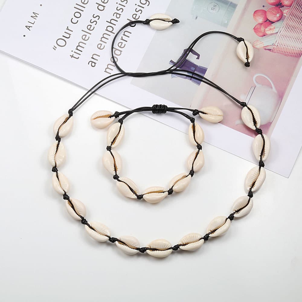 Hawaiian style woven jewelry set shell necklace handmade bracelet clavicle chain anklet bracelet beach spot