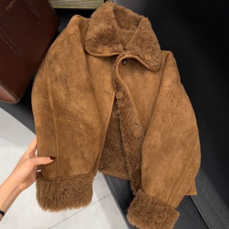Women's Reversible Suede-Look Shearling Jacket – Winter Polo-Collar Coat With Double-Faced Warmth (Brown/Camel/Yellow, M-XL)