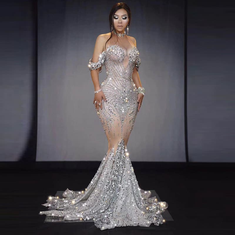 Women’s Clothing Show Bright Crystal Sequins Elegant Fishnet Dress Off Shoulder Wedding Dress