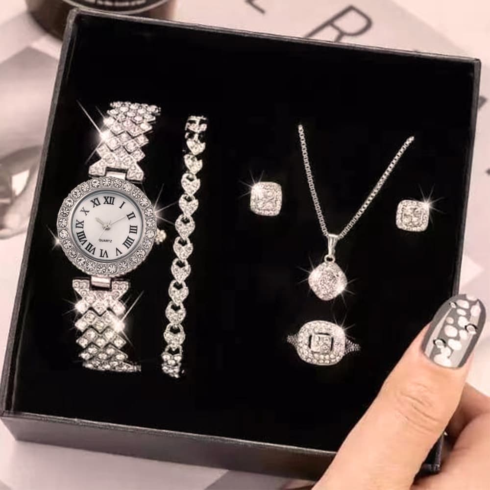 Women's Quartz Watches Full Diamond Luxury Bracelet Watch Suit Ladies Quartz Watch Exquisite Five-piece Set