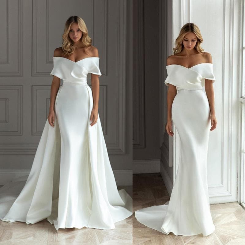 light wedding dress satin long tail temperament simple Hepburn style hosted one-shoulder wedding dress spring