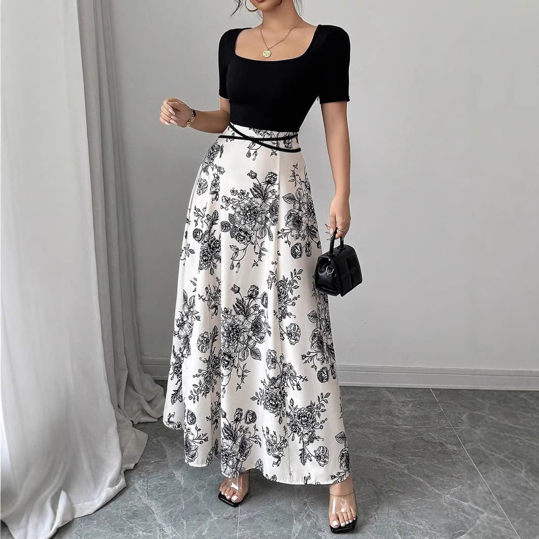 European And American Foreign Trade Women's Clothing Ladies Casual Elegant Temperament Floral Print Short Sleeved Long Dress