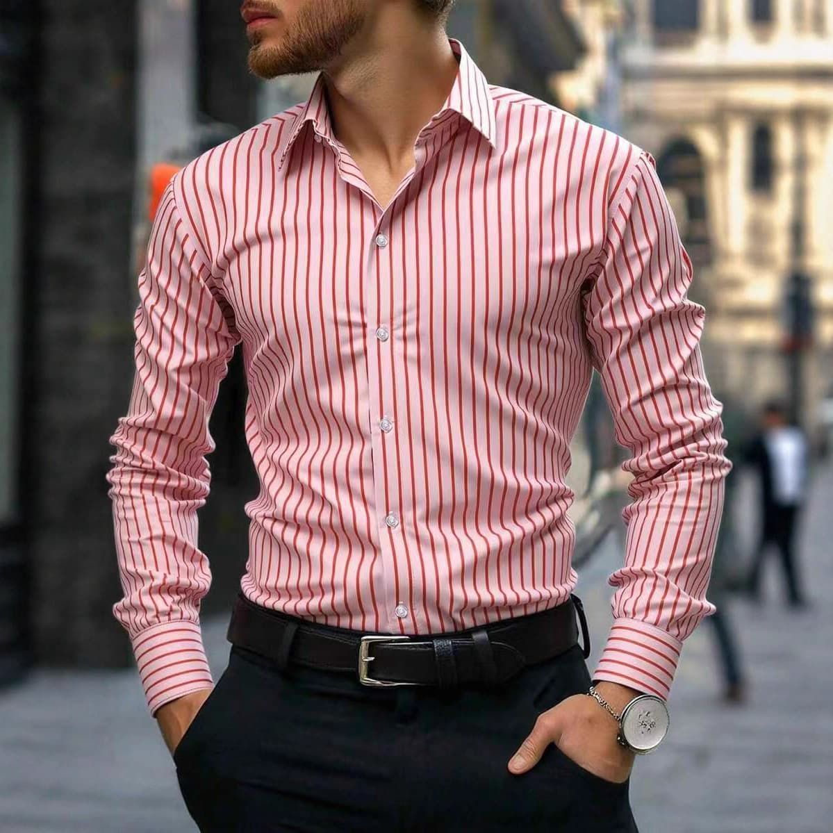 Men's 3D Printed Striped Shirt – Stretchable Business Casual Button-Down With Wrinkle-Free Tech (Plus Sizes XXXL)​