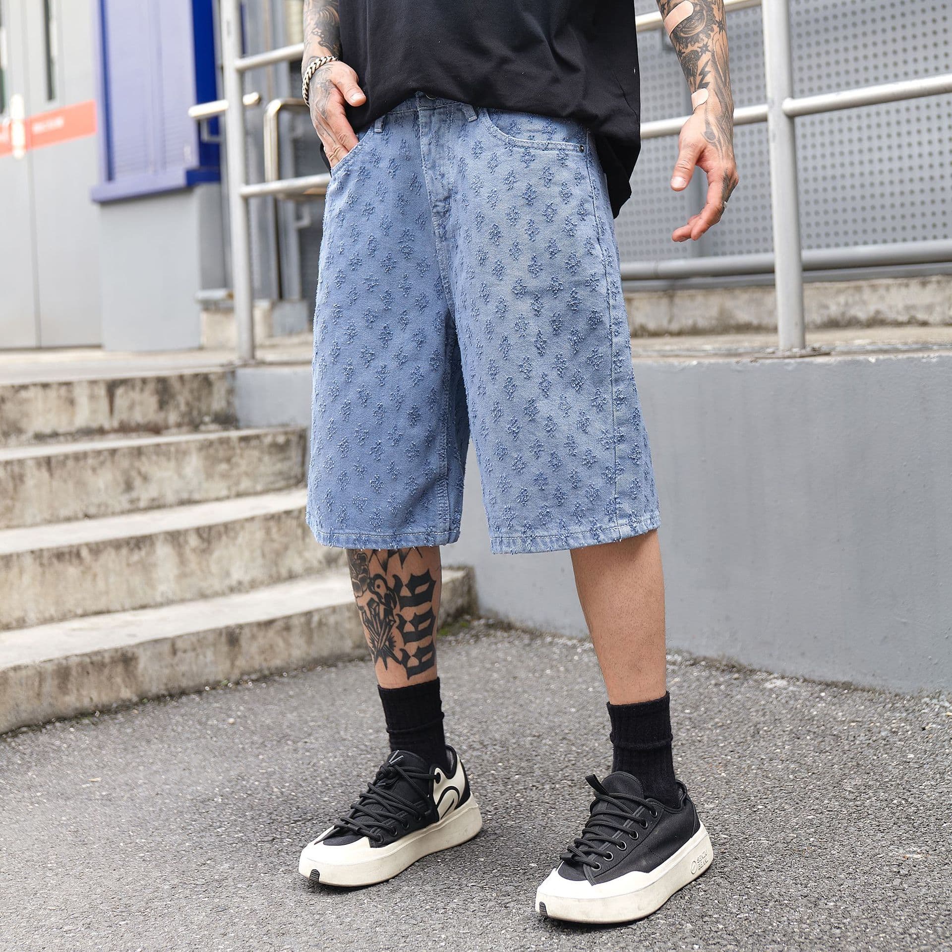 Men's Clothing New Fashion American Ripped Jacquard Denim Shorts Men Summer Loose Straight Washed Five Point Jeans Men