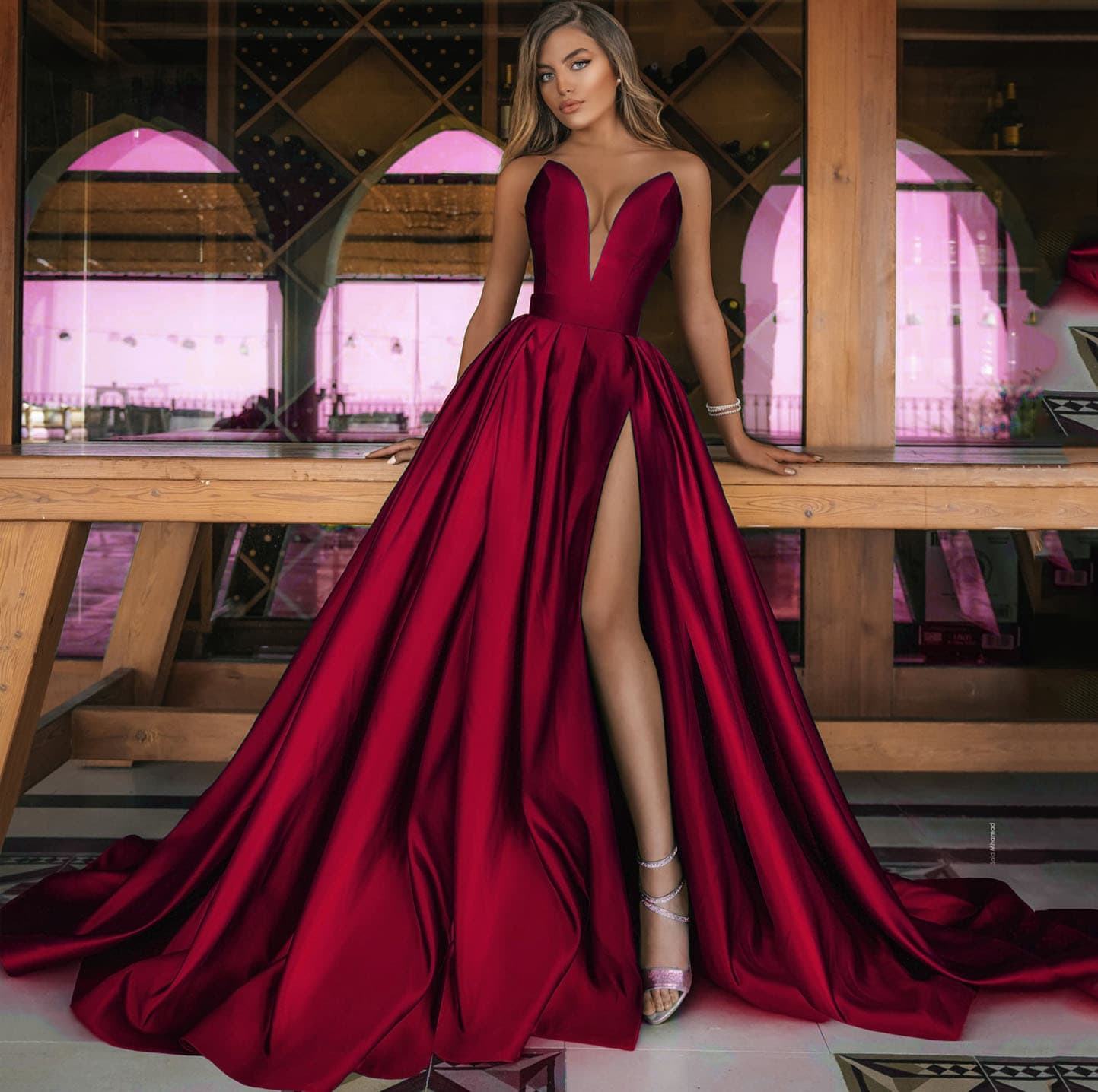 Women's Clothing Spring And Summer New Women's Sexy Deep V Slit Dress Solid Color Swing Dress Wedding Dress