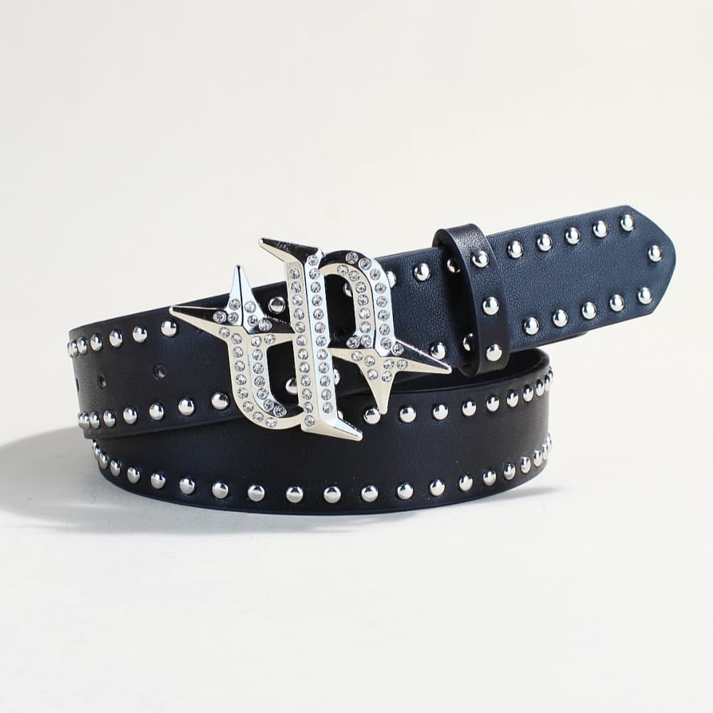 Ceinture cloutée punk rock – Boucle gothique à strass | Ceinture en cuir noir tendance pour femme et homme (réglable de 71 à 107 cm)
