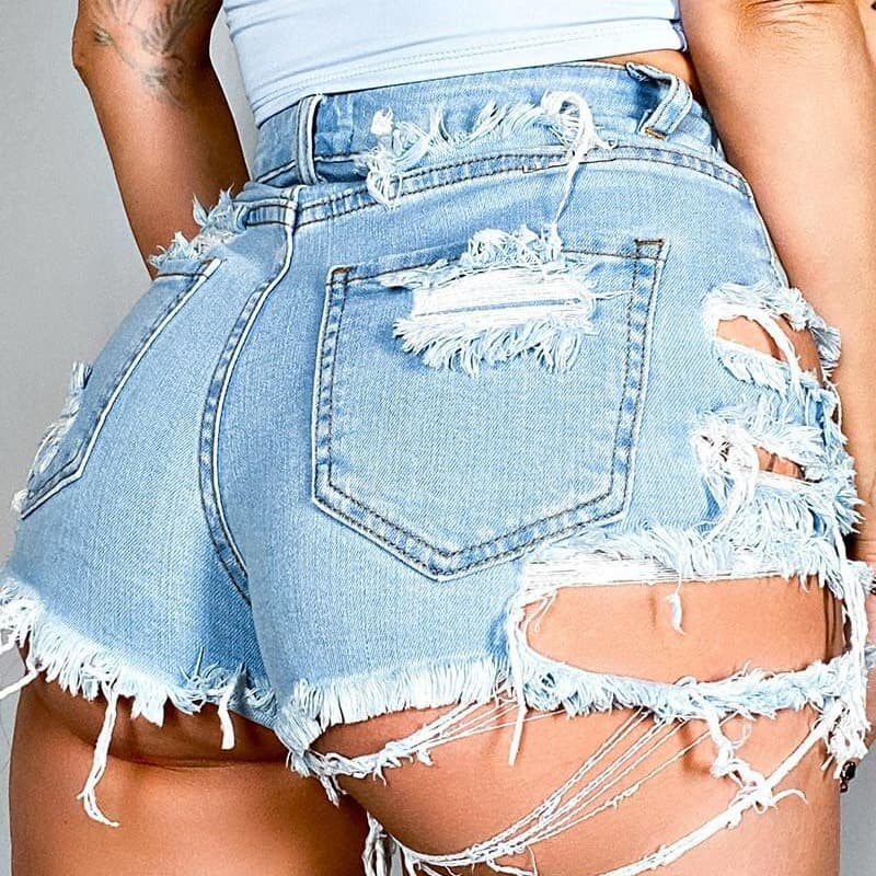 Irregular Ripped Hole Stretch Denim Shorts