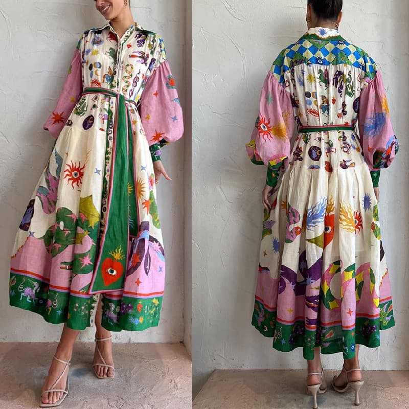 Women's retro French court style pleated oversized print long-sleeved loose dress