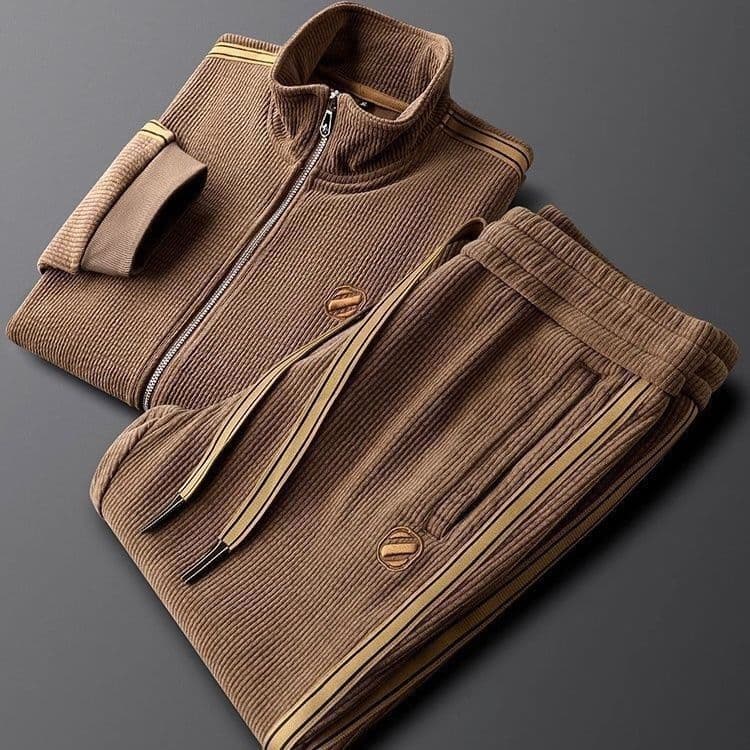 Men’s Premium Solid Color Tracksuit Set – Slim Fit Zip-Up Jacket & Straight-Leg Pants (M-4XL, Black/Coffee Brown)​