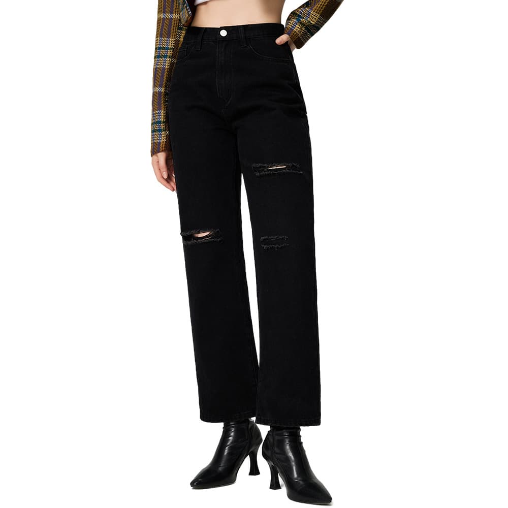 Women's Clothing Jeans Black Ripped Washed Straight Jeans
