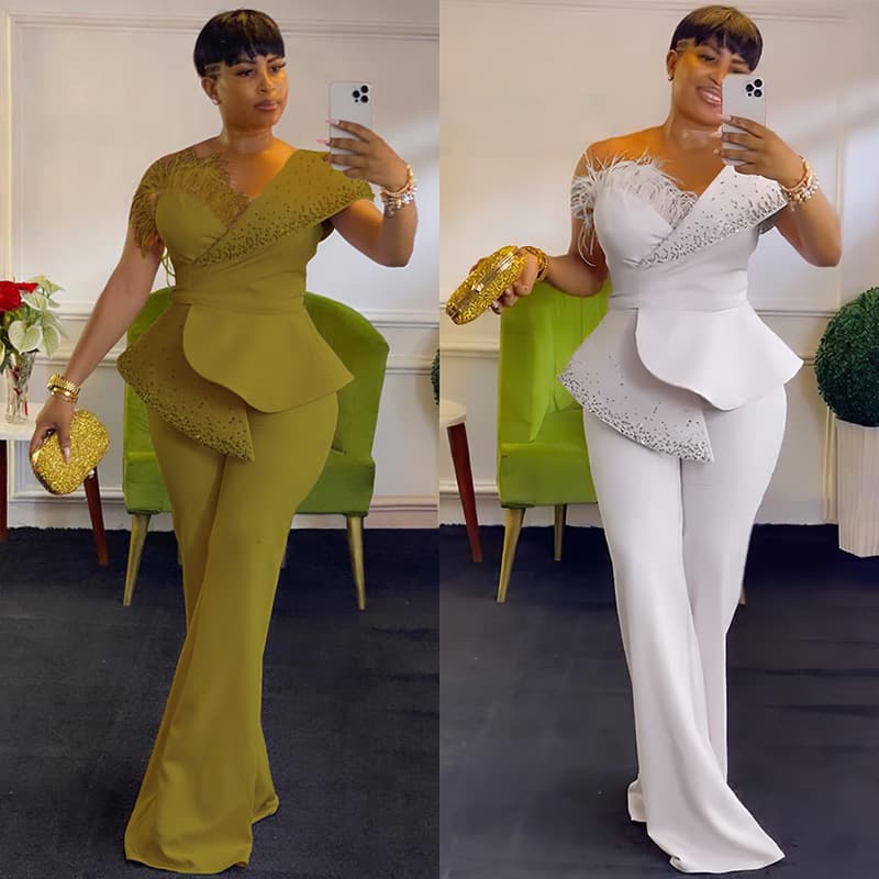Women's Off-Shoulder High Waist Wide Leg Jumpsuit - Flowy Romper With Feather Trim, Plus Size Friendly, Comfortable Stretch Polyester Fabric