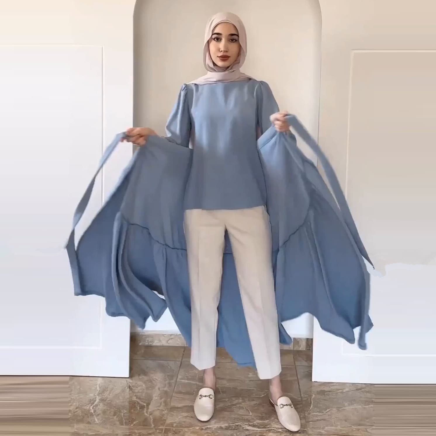 Arab Muslim Dubai 2025 Spring New Fashion Long Sleeve Tie Waist Midi Dress Set