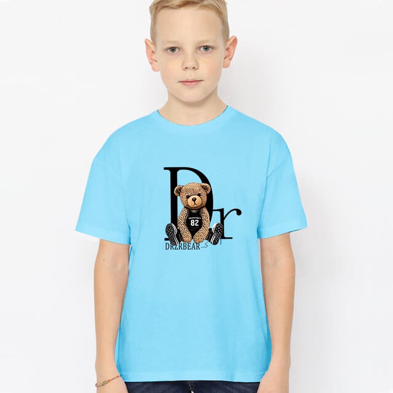 Bear Print Summer T-Shirt For Kids Short Sleeve Pure Cotton Breathable Top Ages 3-13 Boys' Regular Thickness Polyester